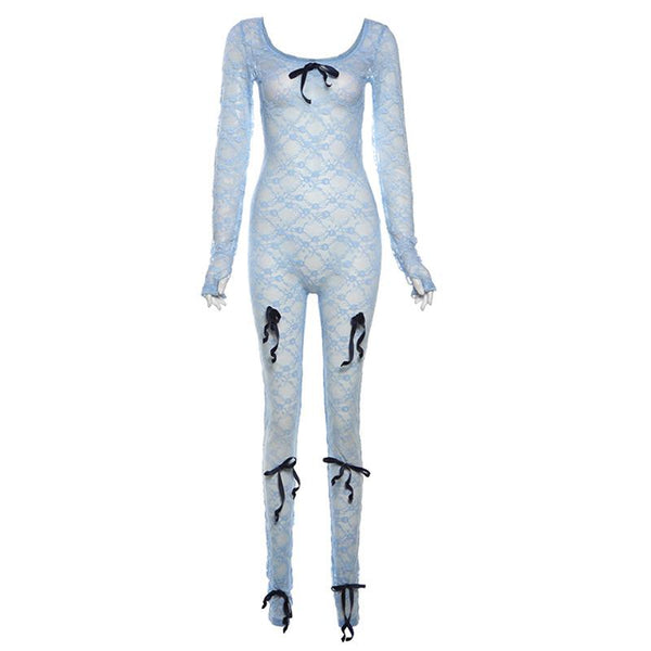 Long sleeve bowknot u neck lace see through jumpsuit