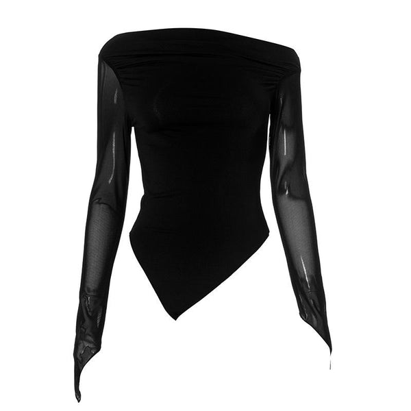 One shoulder long sleeve irregular ruched mesh top