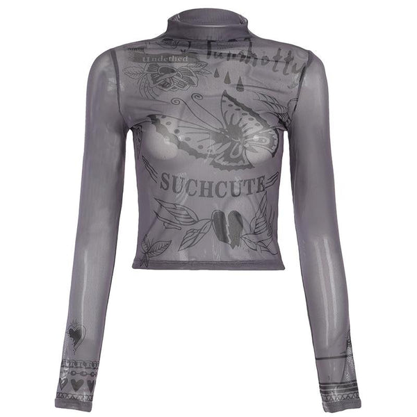 High neck long sleeve mesh butterfly print top