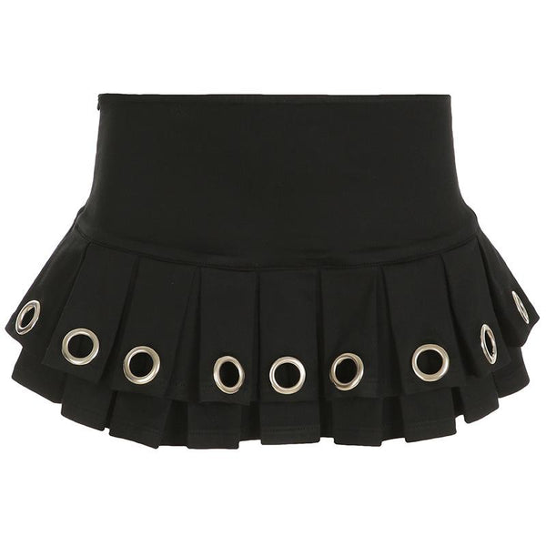 Pleated metal ring zip-up mini skirt