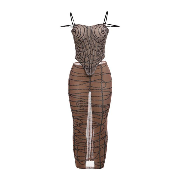 Sheer mesh striped print self tie cami mini skirt set