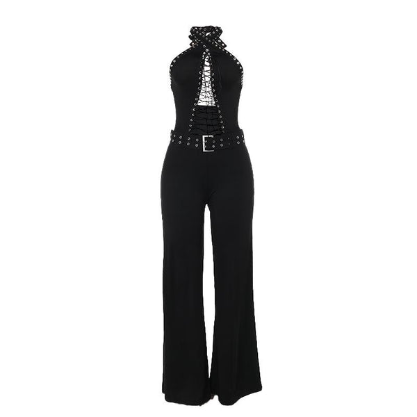 Halter lace up hollow out self tie backless jumpsuit