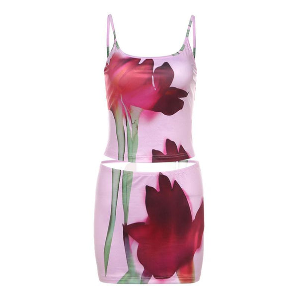 U neck flower print cami mini skirt set