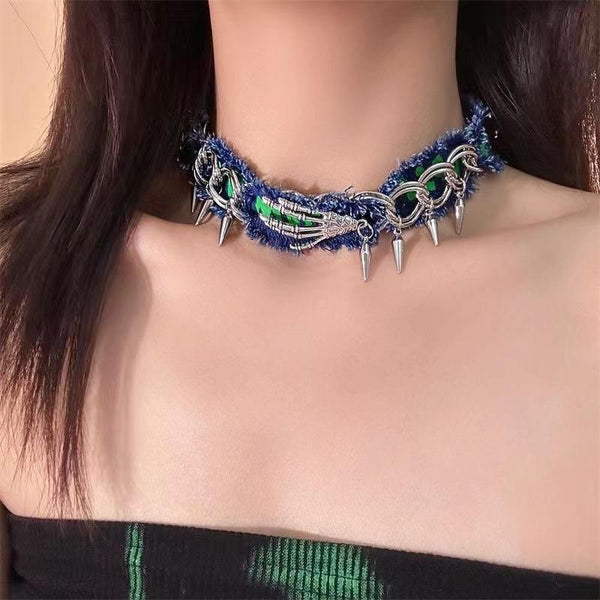 Denim raw hem hand bone choker necklace