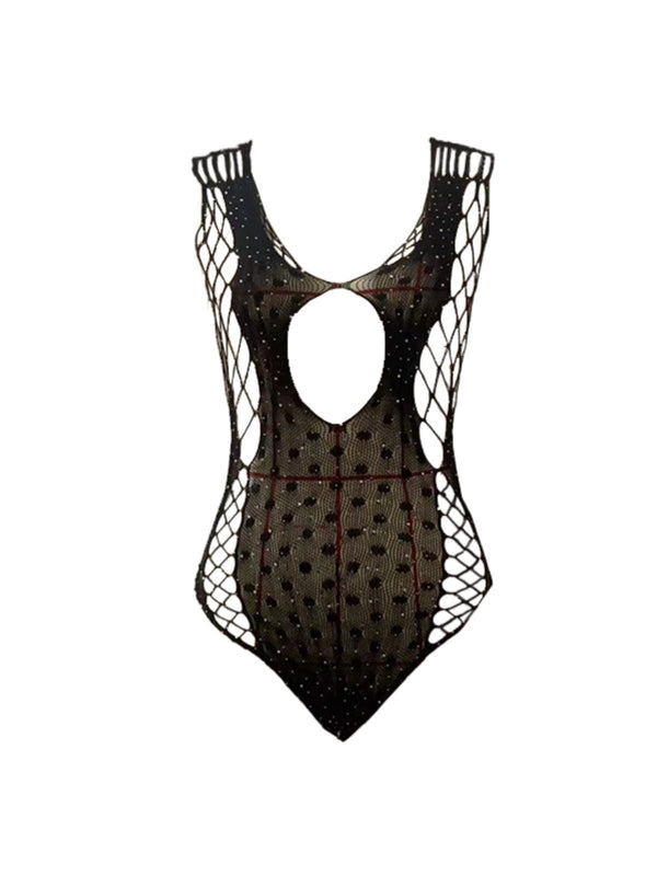 Sleeveless u neck hollow out beaded bodysuit