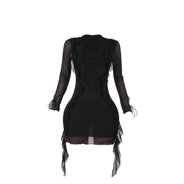 Long sleeve lace up ruffle self tie mesh mini dress