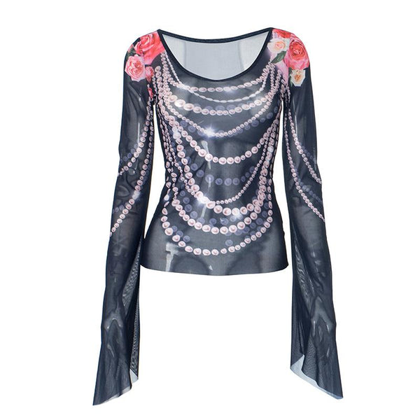 Long flared sleeve u neck beaded print sheer mesh top