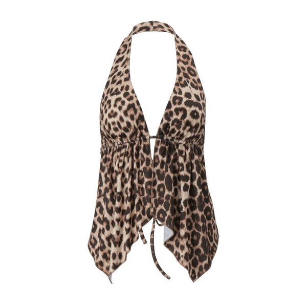 Leopard print halter self tie backless top