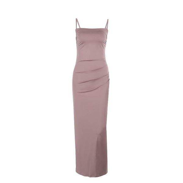 Ruched slit square neck solid cami maxi dress