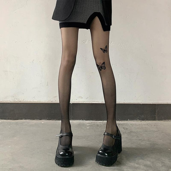 Butterfly print sheer mesh solid tights