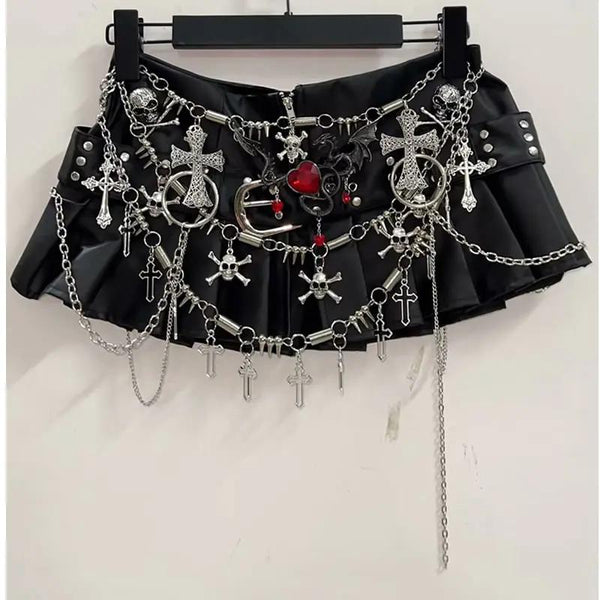 Cross applique pleated zip-up o ring mini skirt