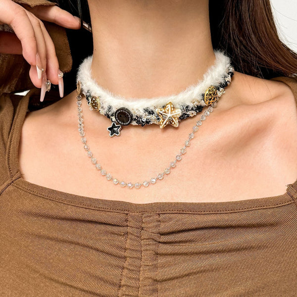 Layered fluffy star decor choker necklace