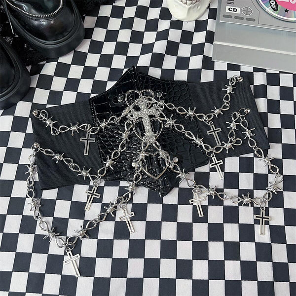 PU leather metal chain cross applique waist chain