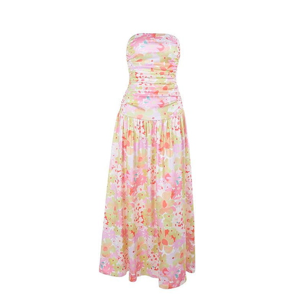 Ruched flower print backless tube maxi dress