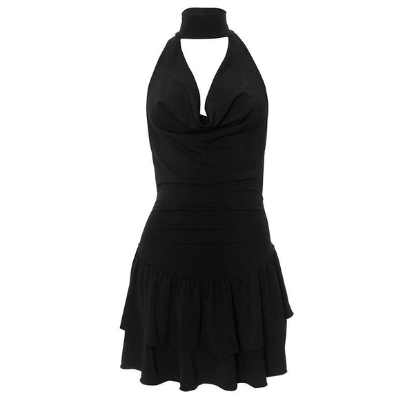 Halter cowl neck backless ruched mini dress