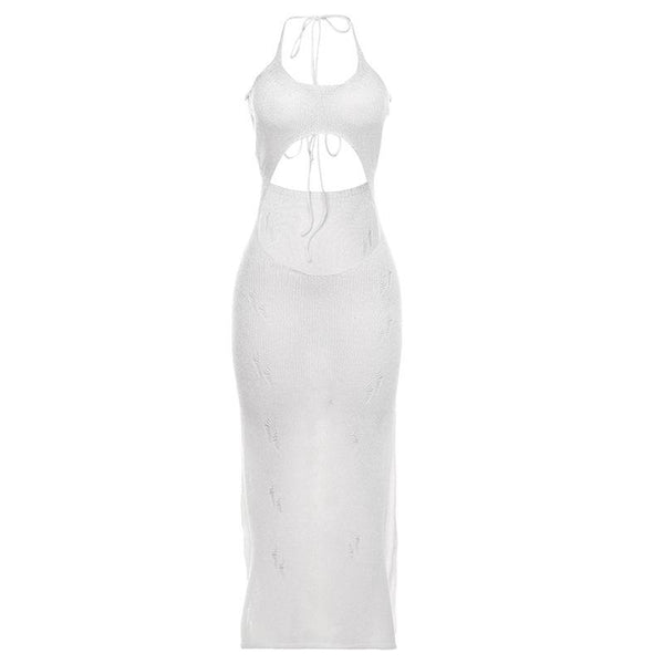 Self tie halter hollow out see through knitted maxi dress