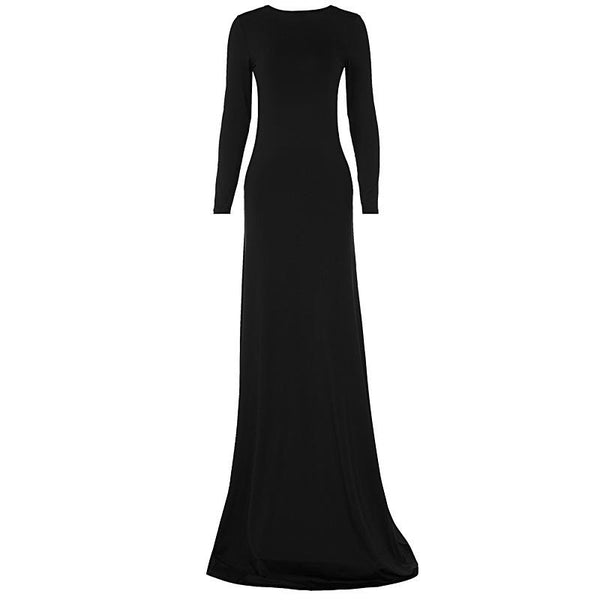 Long sleeve backless hollow out solid maxi dress