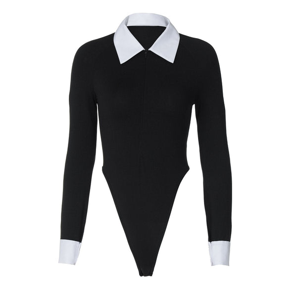 Turnover collar long sleeve zip-up button bodysuit