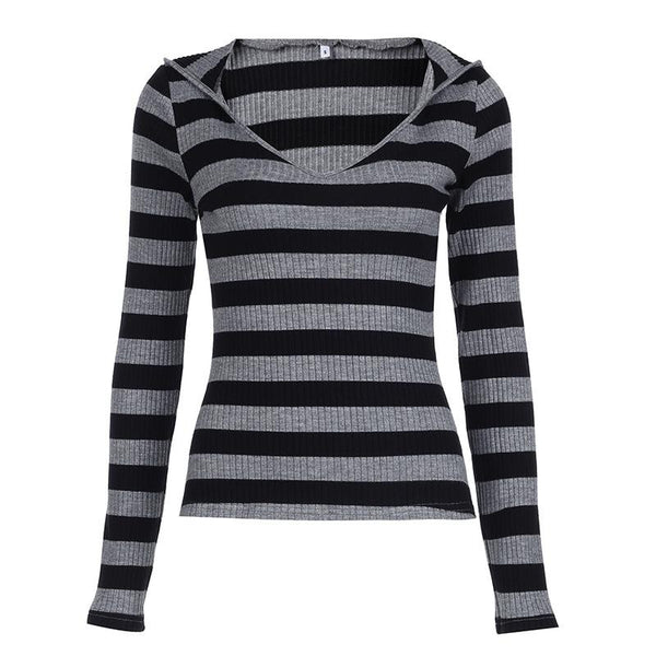 Hoodie v neck long sleeve striped knitted top