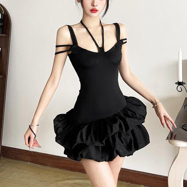 Halter self tie hollow out ruched solid mini dress