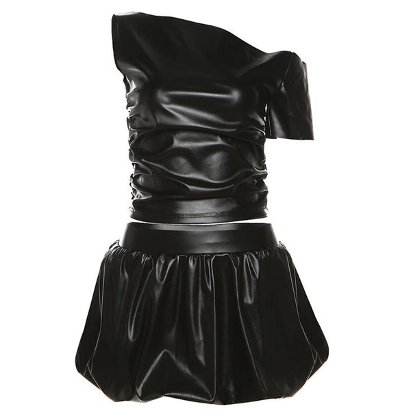 Irregular one shoulder PU leather ruched mini skirt set