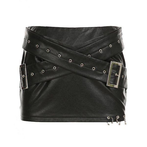 PU leather cross front buckle mini skirt