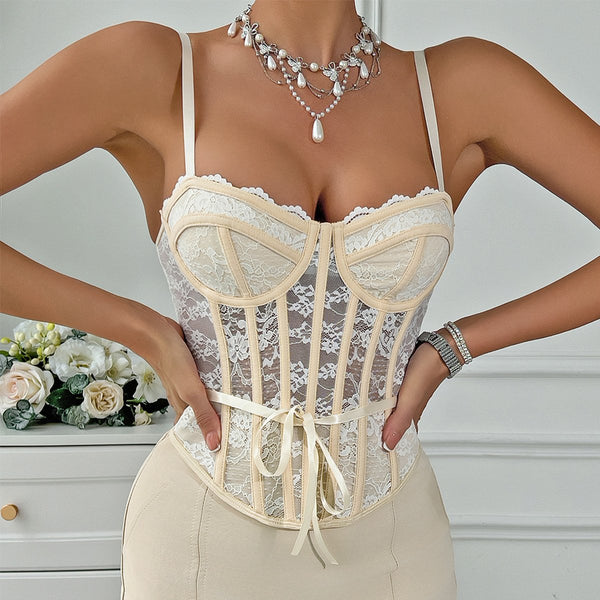 V neck lace corset ribbon backless cami top