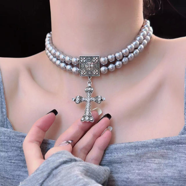 Layered faux pearl cross pendant choker necklace
