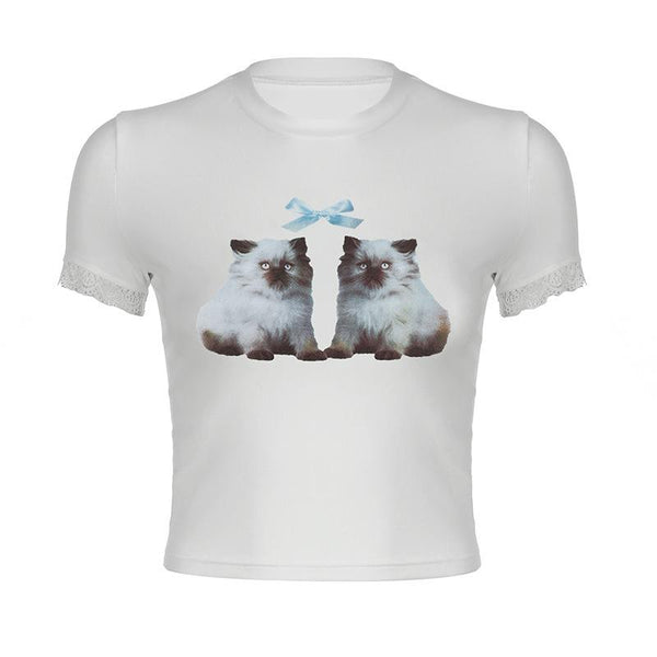 Short sleeve crewneck cats print top