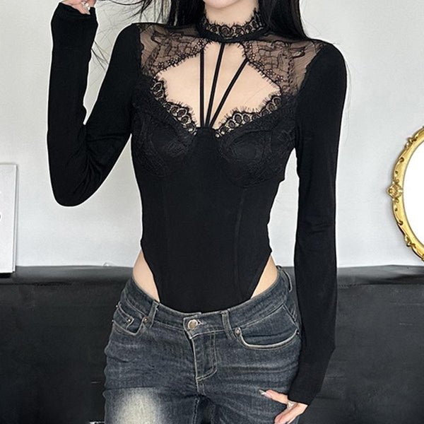 Long sleeve lace hem hollow out bodysuit