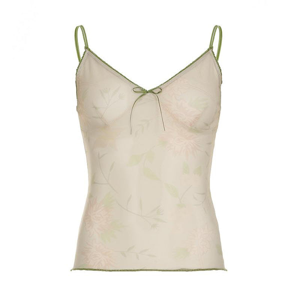 V neck flower print bowknot mesh cami top