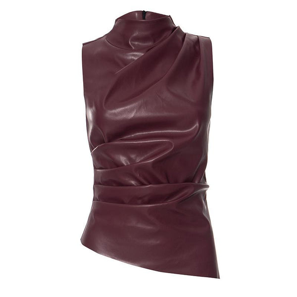 High neck zip-up PU leather irregular ruched top