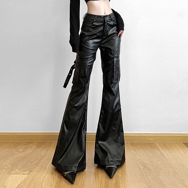 PU leather buckle pocket high rise pant