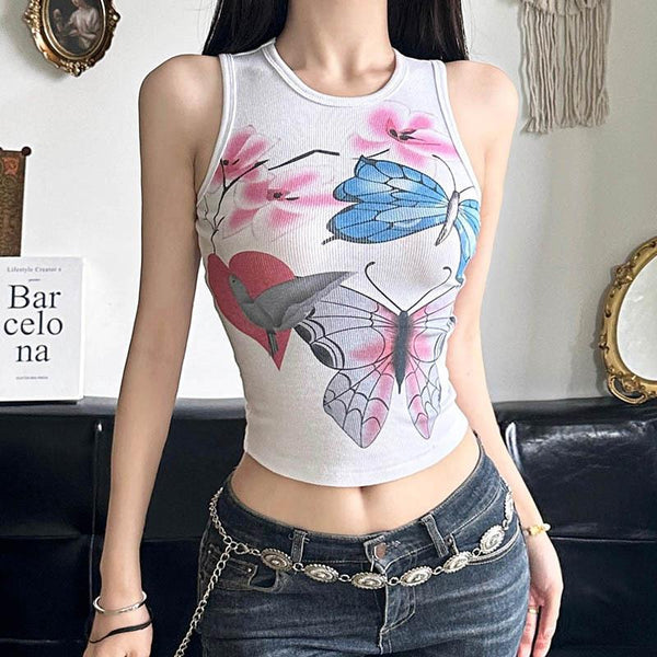 Round neck butterfly print ribbed tank top