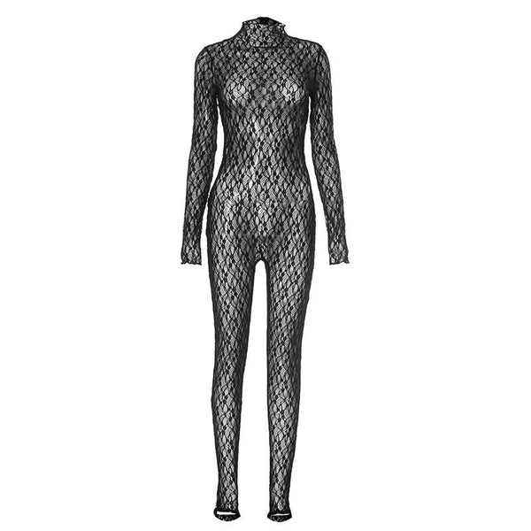 Long sleeve lace high neck zip-up see through jumpsuit