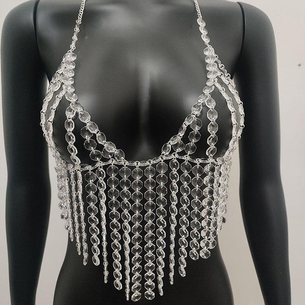 Halter crystal tassels beaded hollow out top