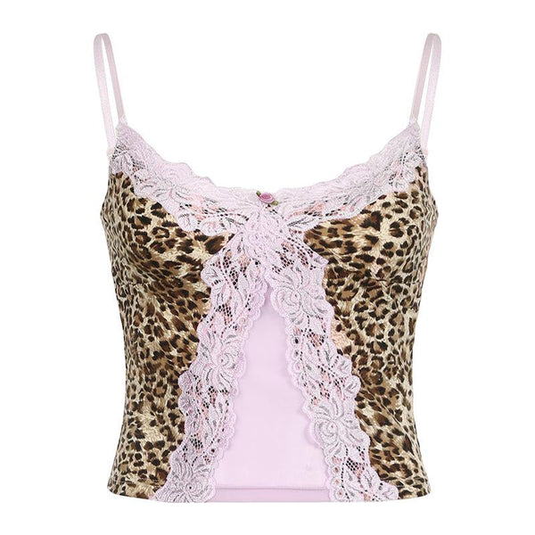 Leopard print lace hem patchwork cami top