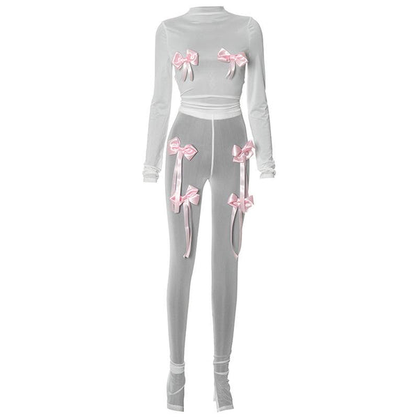 Long sleeve bowknot high neck mesh see through pant set