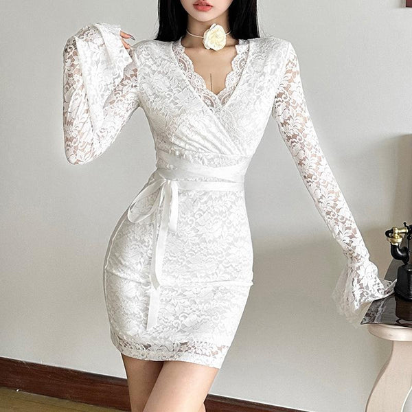 Long flared sleeve v neck lace self tie mini dress