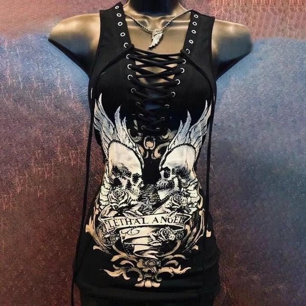 Hollow out lace up skull print sleeveless mini dress