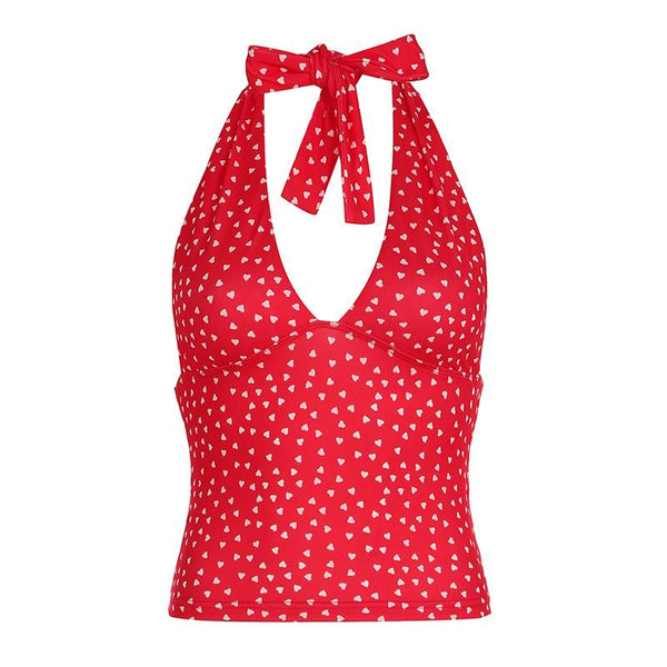 V neck halter polka dot print backless top