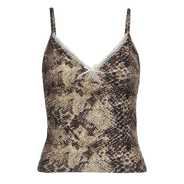 Snakeskin print bowknot cami top