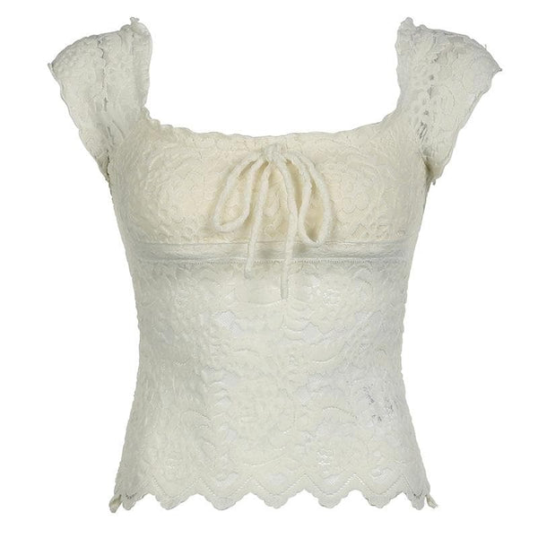 Cap sleeve square neck bowknot lace ruffle top