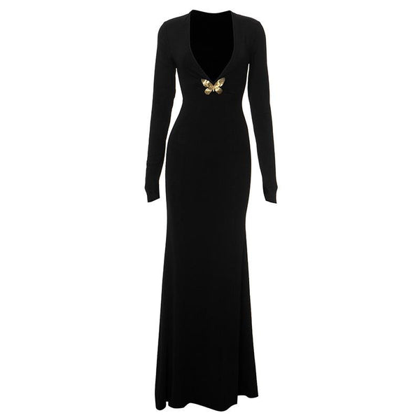 V neck long sleeve butterfly applique maxi dress