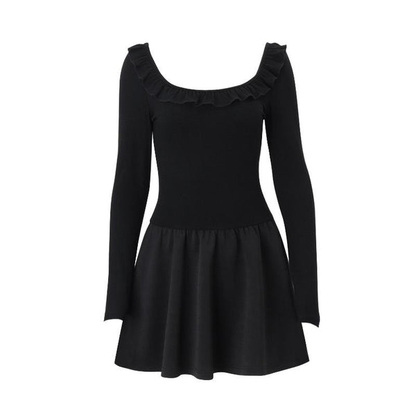 U neck long sleeve ruched ruffle mini dress