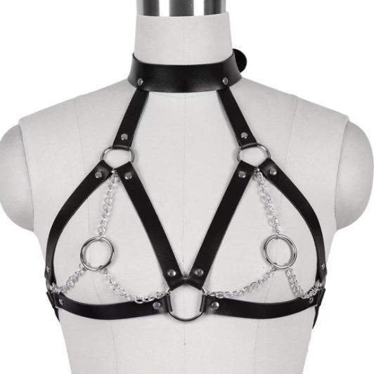 O ring halter PU leather metal chain harness top