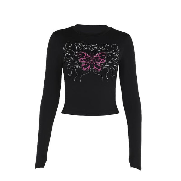 Long sleeve beaded butterfly pattern crewneck top