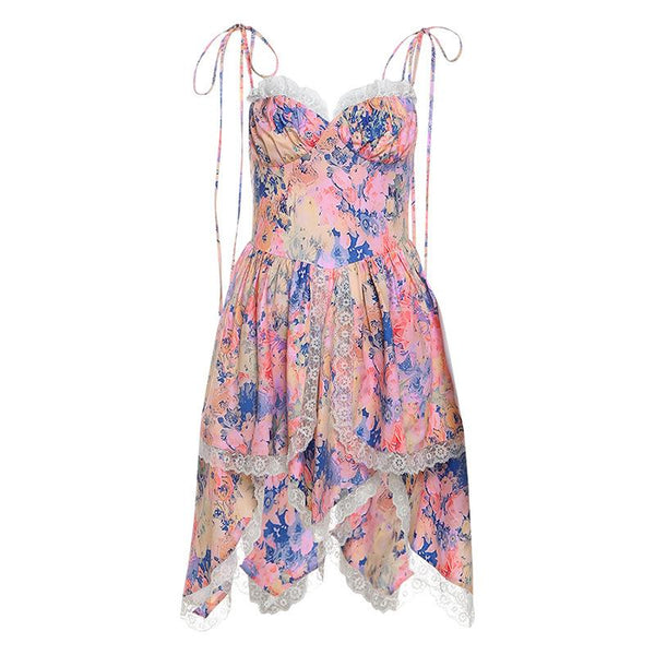 Lace hem zip-up print v neck cami mini dress