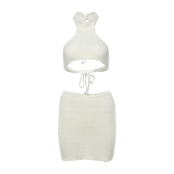 Halter self tie knitted backless mini skirt set