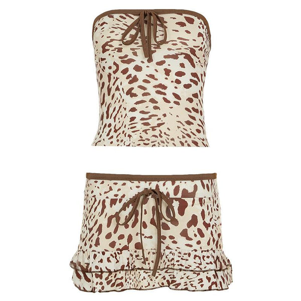 Leopard print bowknot tube mini skirt set